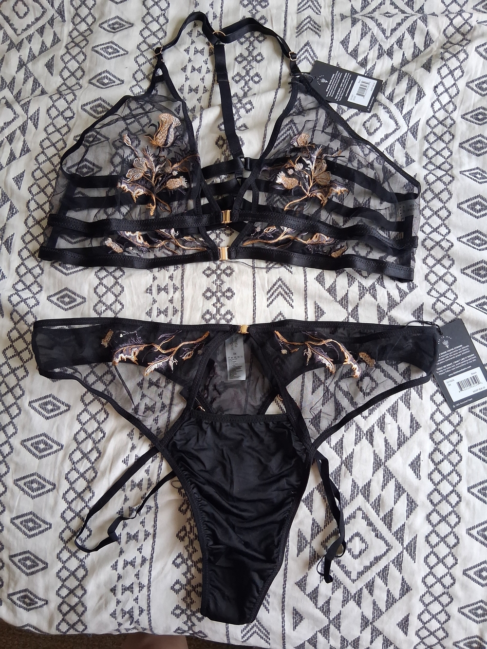 Thistle and Spire Black Lace Bralette & Thong with Gold Floral Embroidery